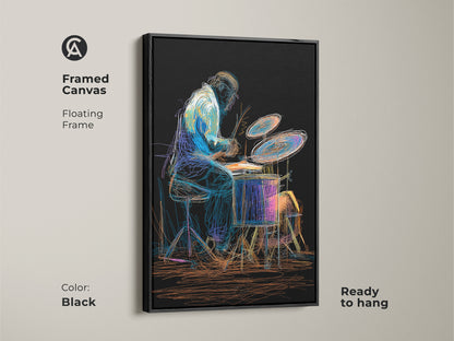 Framed canvas art showcases a drummer in abstract style ready to hang. The floating frame adds sophistication to this eclectic home decor piece. A great gift for music enthusiasts and art collectors bring musical energy