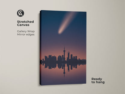 Stretched canvas art featuring the Shanghai skyline under a celestial event. This navy pink teal cityscape print has mirror edges. The minimalist space artwork is ready to hang adding a contemporary touch to your home.