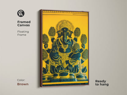 Framed Ganesha canvas with a brown frame. This Elephant God art brings cultural richness to any space. The yellow and teal artwork is a unique focal point. A thoughtful housewarming gift this spiritual home decor is ready to hang.