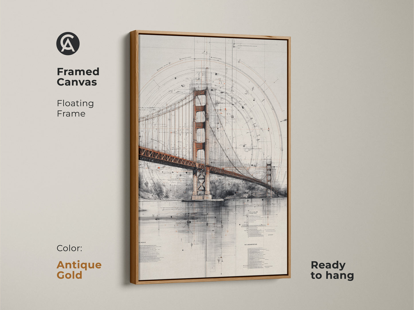 Framed canvas of the Golden Gate Bridge blueprint art in an antique gold floating frame. This architectural technical drawing wall art is ready to hang. Ideal as office wall art or a housewarming gift. A San Francisco cityscape print.