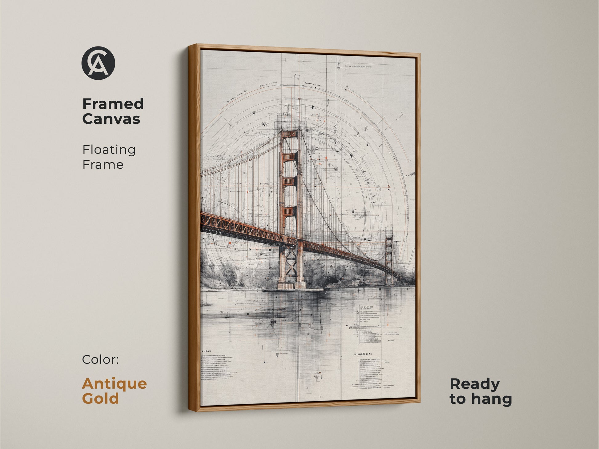Framed canvas of the Golden Gate Bridge blueprint art in an antique gold floating frame. This architectural technical drawing wall art is ready to hang. Ideal as office wall art or a housewarming gift. A San Francisco cityscape print.