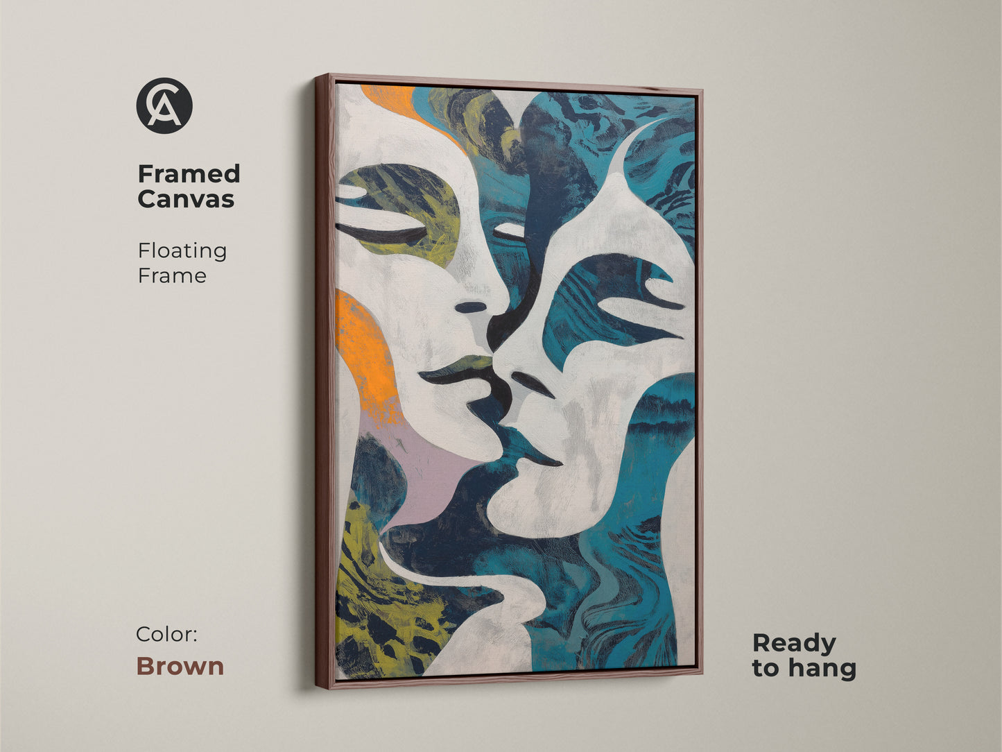 Teal orange navy abstract wall art print. This modern face portraiture artwork showcases intertwined figures. It's a contemporary canvas for eclectic home decor. This piece is a unique wall art decor. A perfect gift for art collectors.