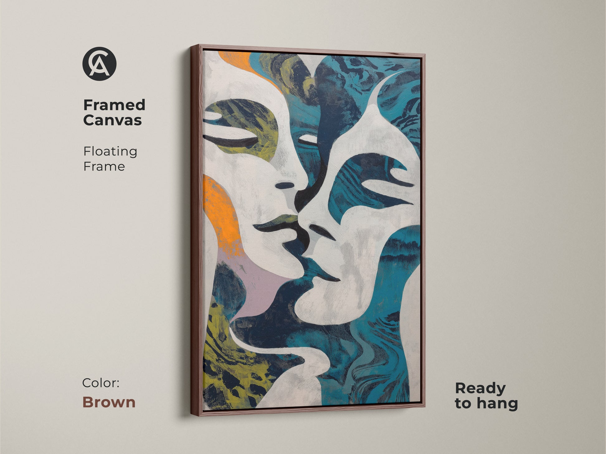 Teal orange navy abstract wall art print. This modern face portraiture artwork showcases intertwined figures. It's a contemporary canvas for eclectic home decor. This piece is a unique wall art decor. A perfect gift for art collectors.