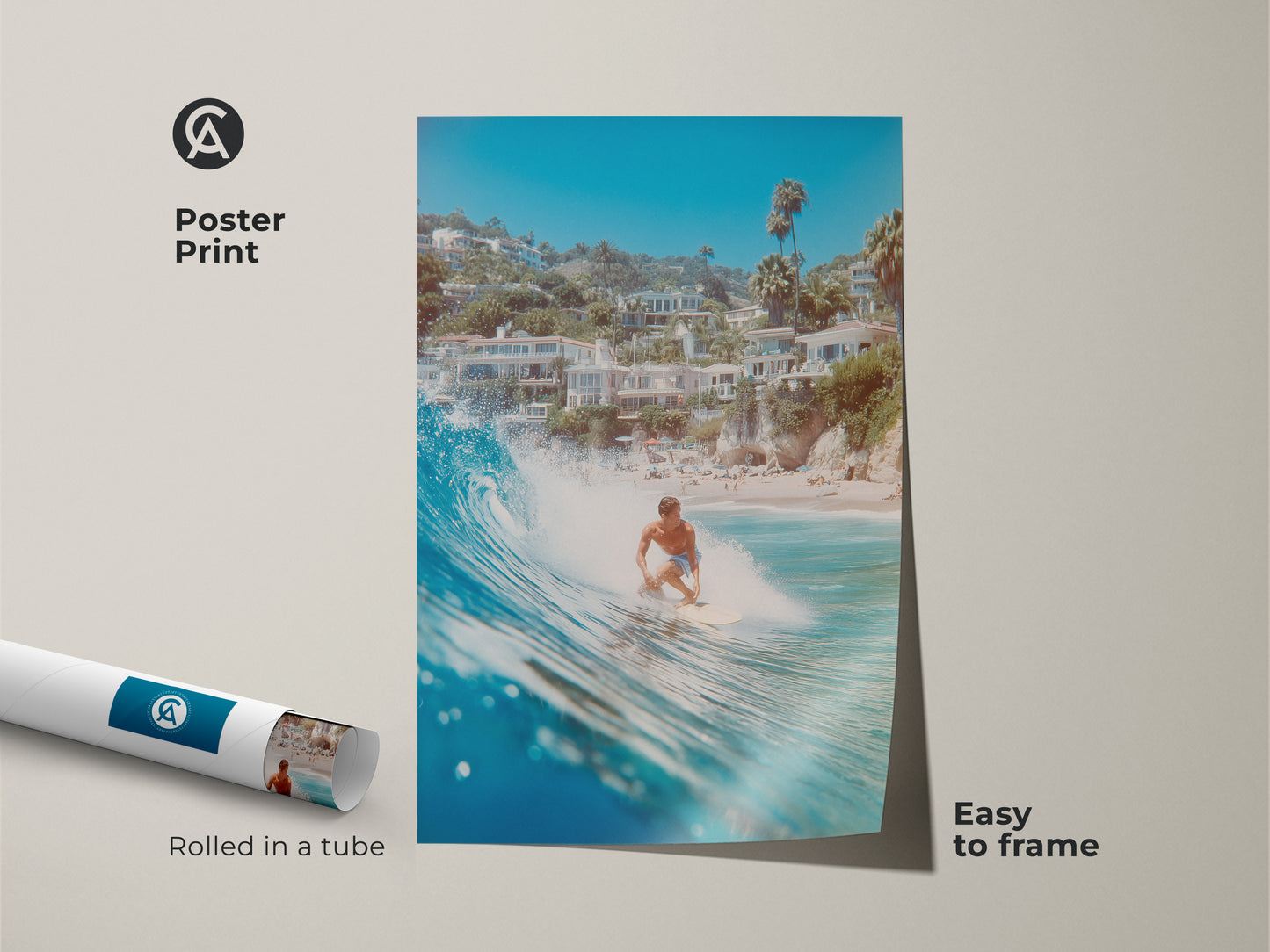 A high-quality poster print showcases a surfer gracefully riding a wave. Rolled in a tube the poster is easy to frame. This artwork captures the beauty of surfing and coastal landscapes. Ideal for adding a touch of the ocean to your home decor.