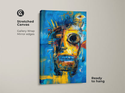 Stretched canvas featuring an abstract face art piece. The gallery wrap with mirror edges offers a clean contemporary look. This canvas print comes ready to hang great for modern art lovers.