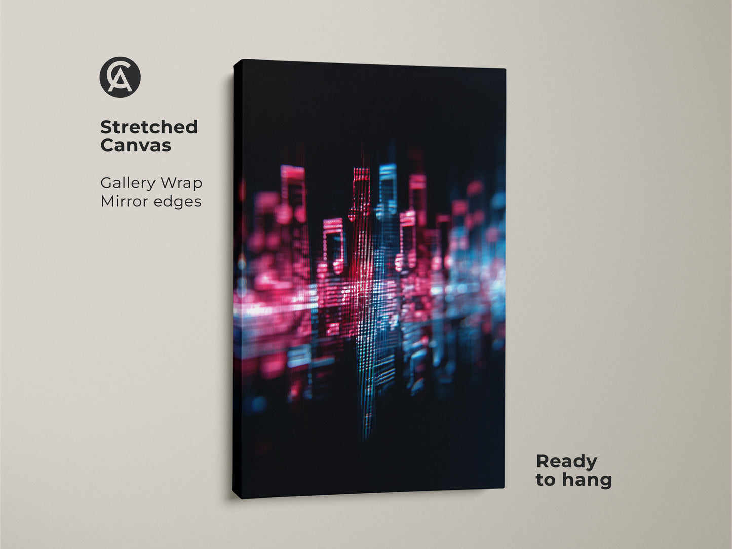 Stretched Canvas featuring an abstract music cityscape. This magenta and blue glitch art digital piece brings a contemporary edge. Perfect as modern office decor or a housewarming gift for music enthusiasts. The abstract sound wave artwork makes a unique statement.