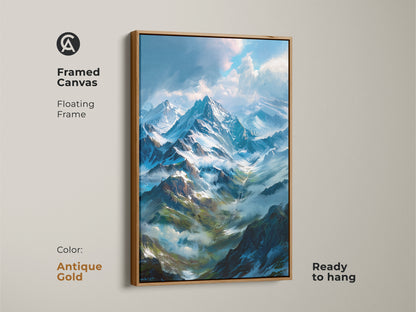 Framed canvas print showcases a scenic snow-capped mountain. The antique gold floating frame brings a touch of sophistication. This ready-to-hang wall art is a perfect addition to any space.