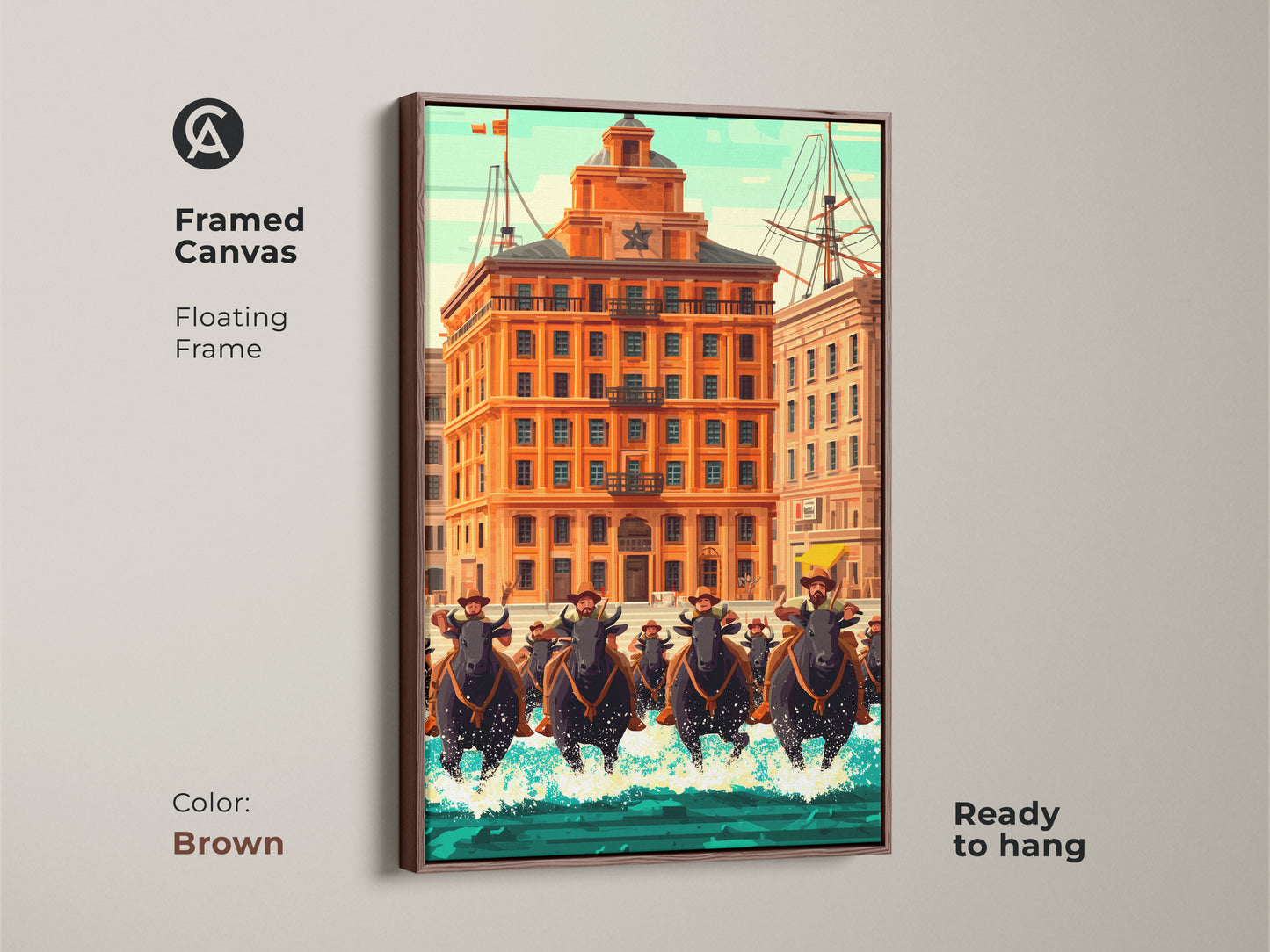 Framed canvas bull rider art in a brown floating frame. This retro futurism animal artwork with a vintage style building is a housewarming gift. Add a unique touch to your space.