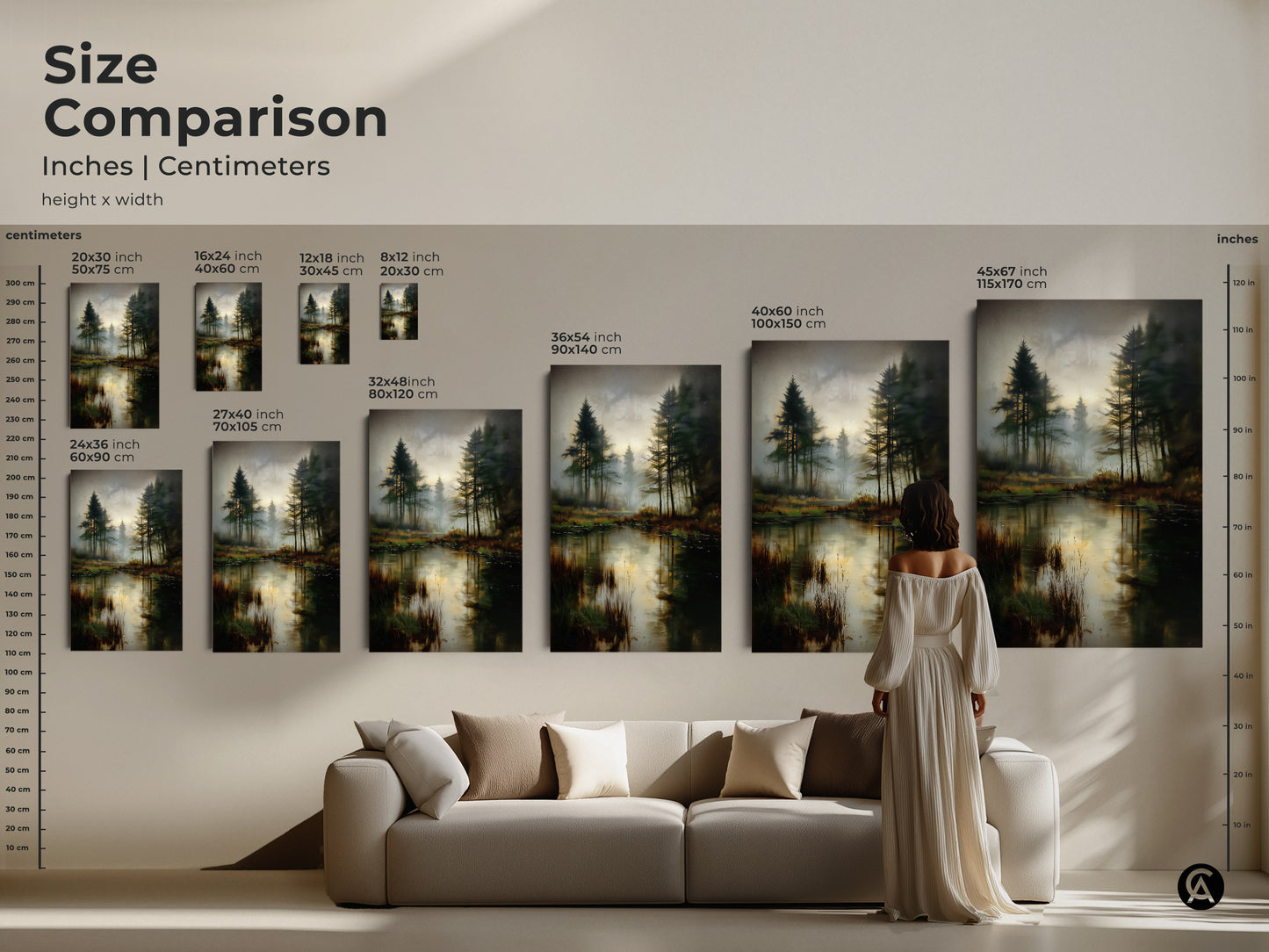 Size comparison of the misty pine forest lake artwork in inches and centimeters. Visualize the art in various sizes above a sofa. Choose from canvas or poster prints to enhance your space with this deep green rustic landscape artwork.