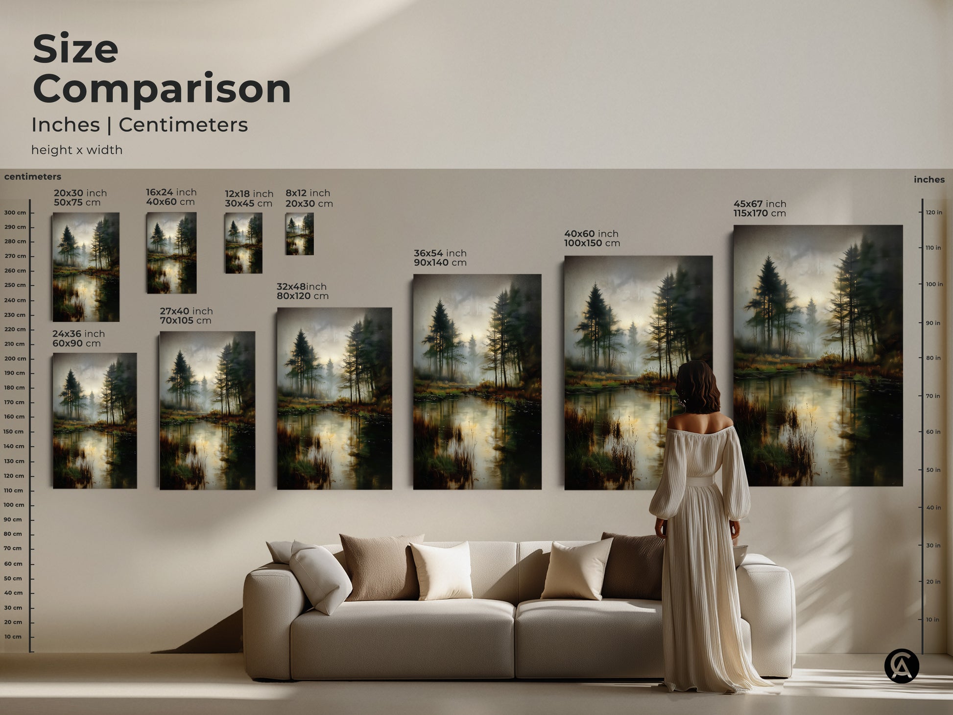 Size comparison of the misty pine forest lake artwork in inches and centimeters. Visualize the art in various sizes above a sofa. Choose from canvas or poster prints to enhance your space with this deep green rustic landscape artwork.
