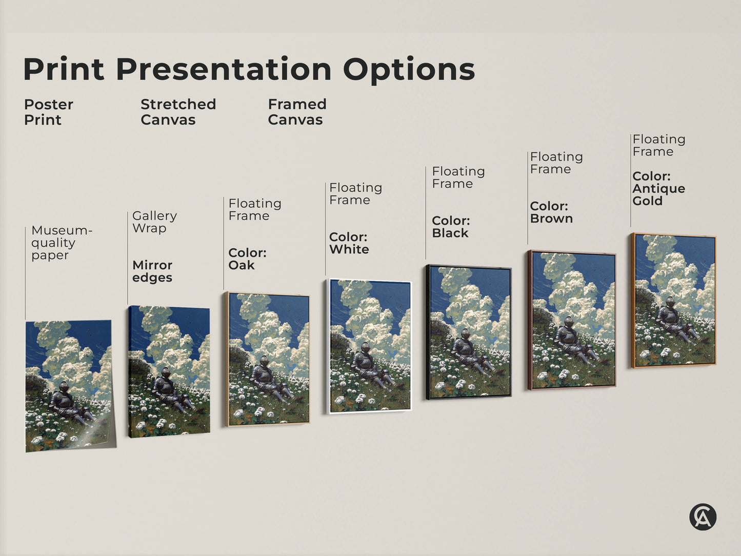 Print presentation options are displayed. They show a knight in a flower field. Options include poster print stretched canvas and framed canvas. Find the perfect wall art.
