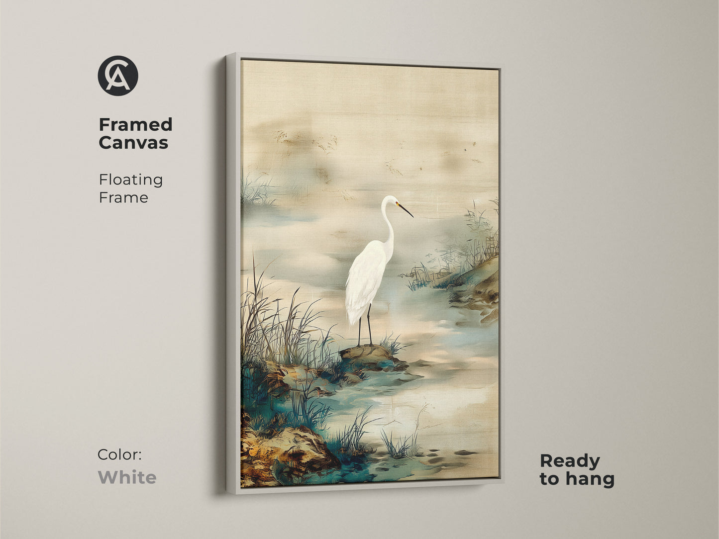White framed canvas presenting an Egret bird art piece. Japandi style wall art creates a minimalist landscape. Ink wash egret painting in beige and green colors. A serene canvas for your home.