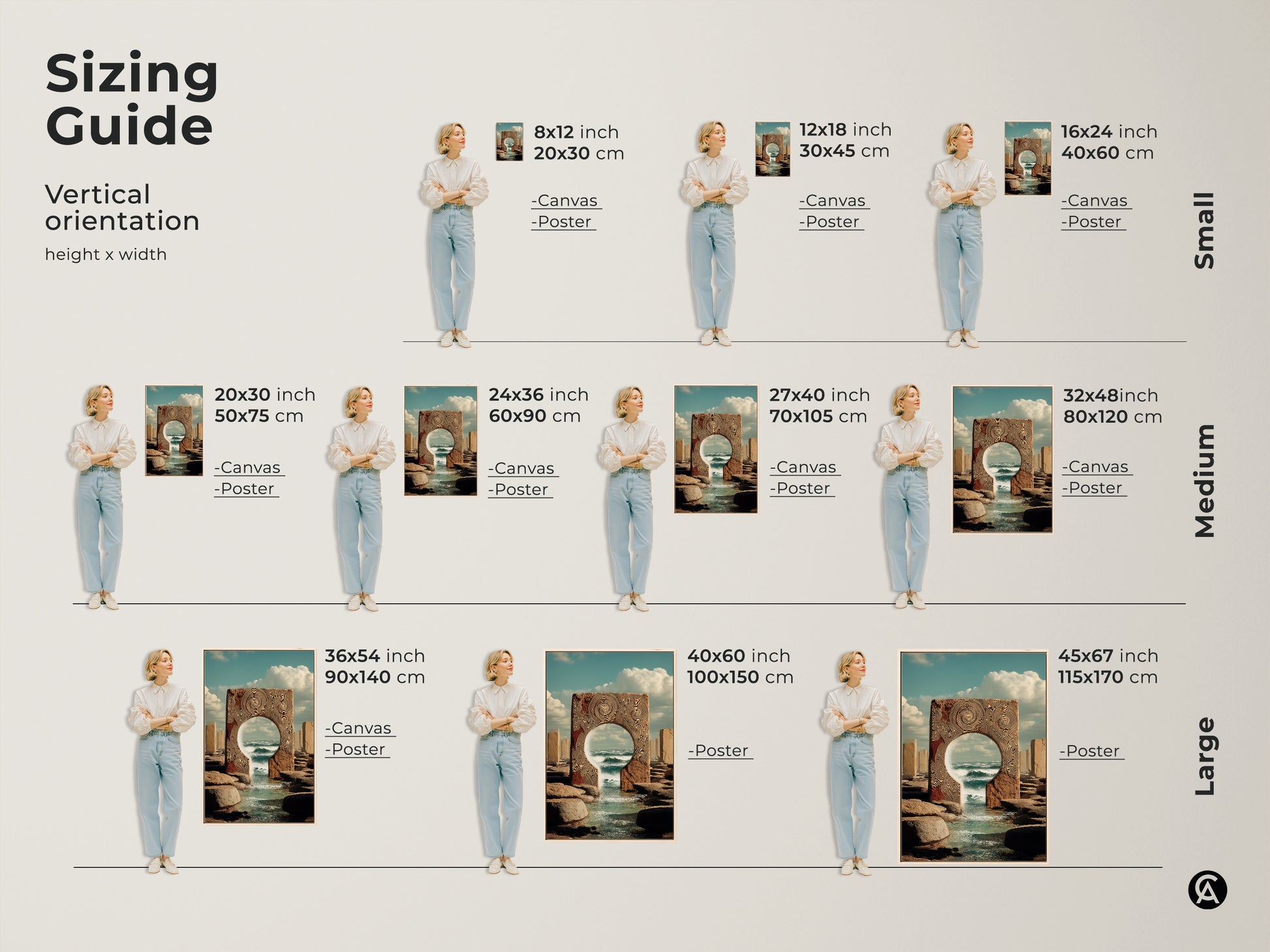 Sizing guide for vertical orientation of conceptual ocean portal art.  Various sizes are shown on models.  Different canvas and poster options.  Perfect for any modern eclectic wall.