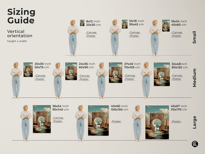 Sizing guide for vertical orientation of conceptual ocean portal art.  Various sizes are shown on models.  Different canvas and poster options.  Perfect for any modern eclectic wall.