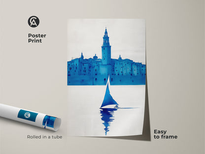 A minimalist sailboat poster print rolled in a tube. The cityscape art is easy to frame and adds a touch of travel themed art to any room. Perfect modern nautical wall art.