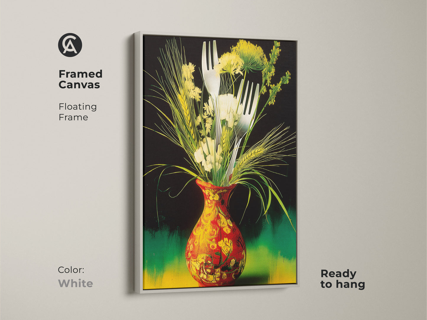 A white framed canvas presents eclectic wall art. The botanical kitchen art features a vibrant still life. The red and yellow vase art is great art for food lovers. Ready to hang and adds color to any space.