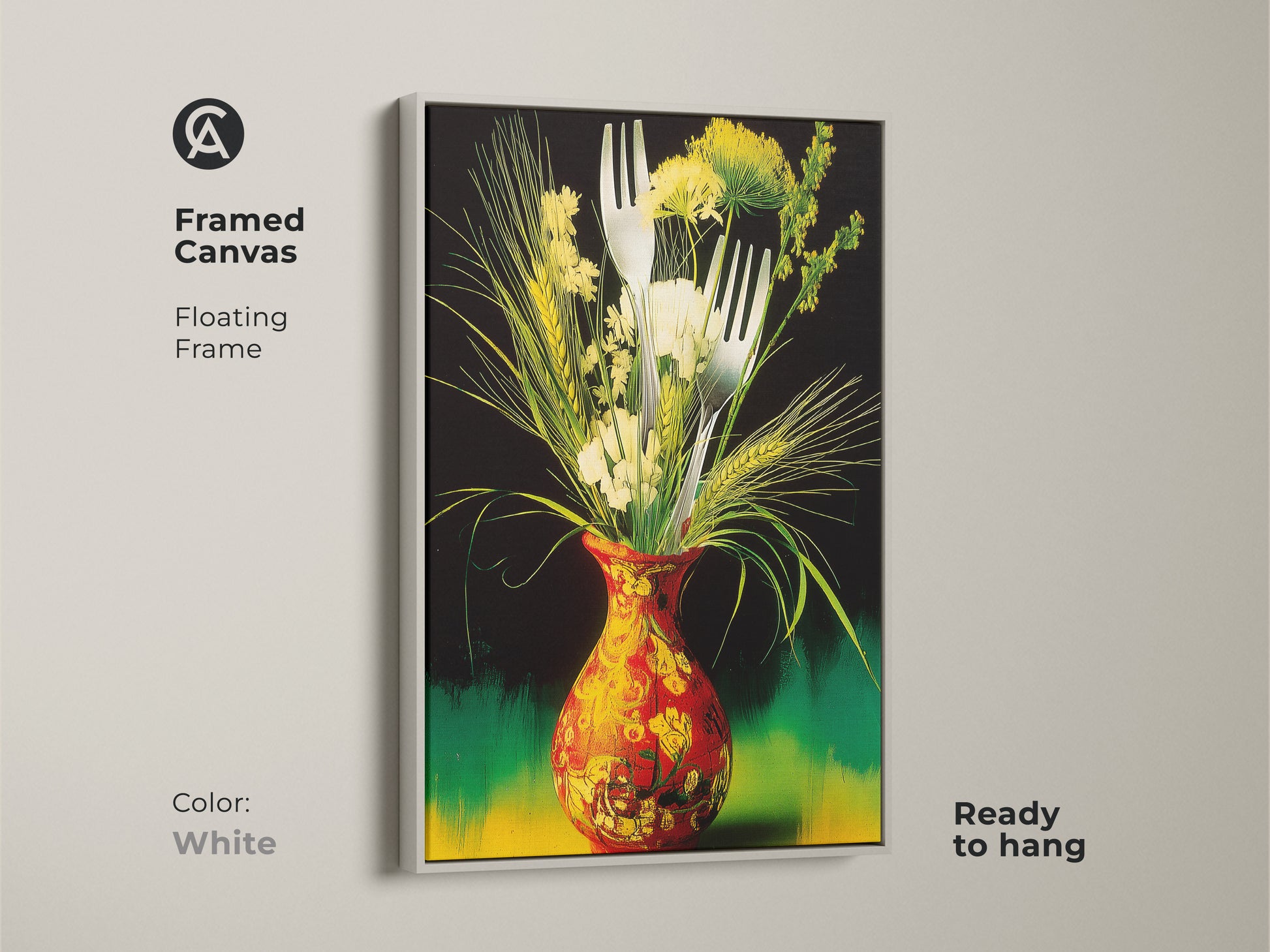A white framed canvas presents eclectic wall art. The botanical kitchen art features a vibrant still life. The red and yellow vase art is great art for food lovers. Ready to hang and adds color to any space.