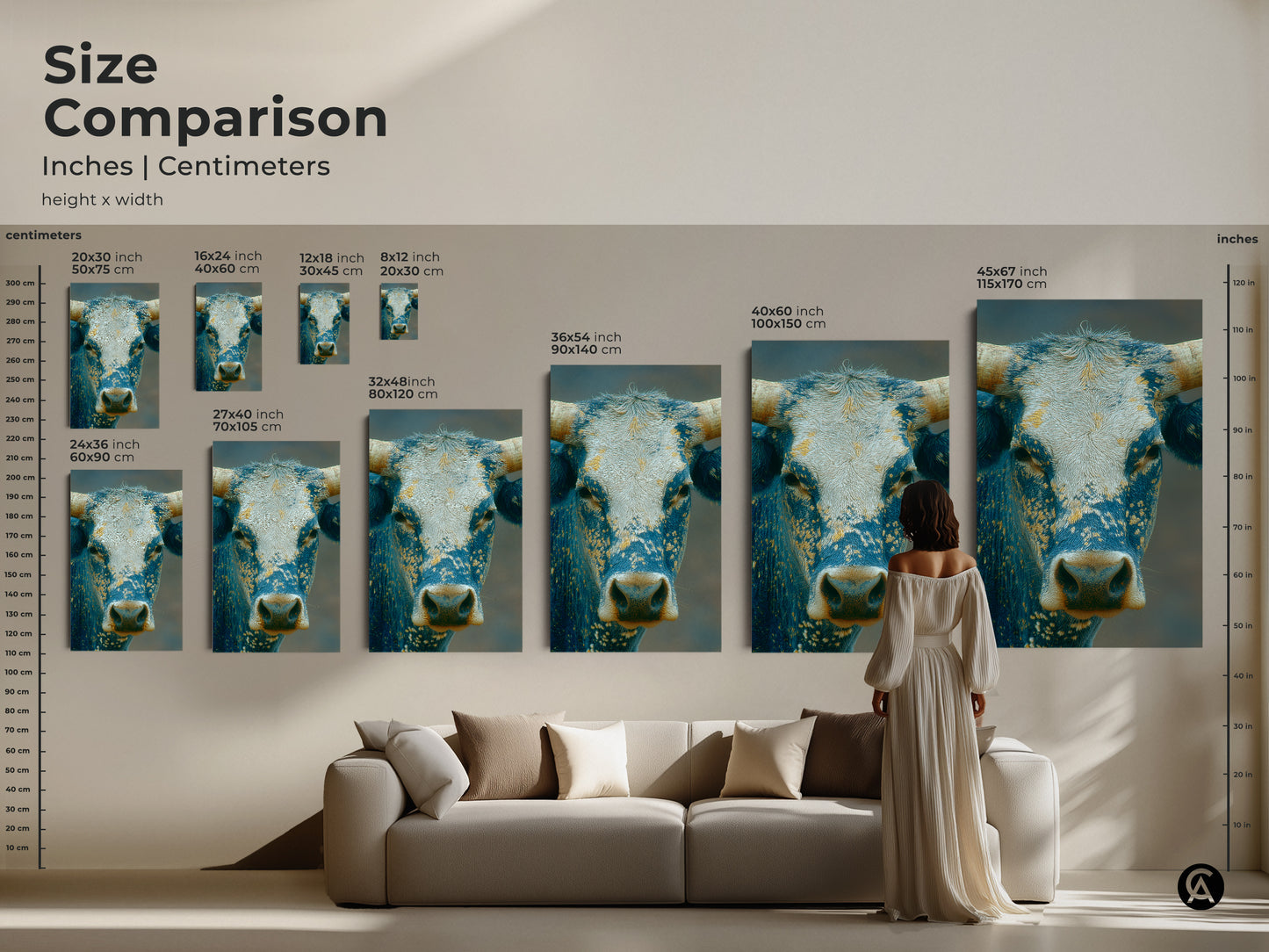 Size comparison of bull artwork in inches and centimeters. Visualize how different sizes fit above a sofa. Choose from canvas or poster prints. Enhance your living room with this striking animal portrait in the perfect dimensions.