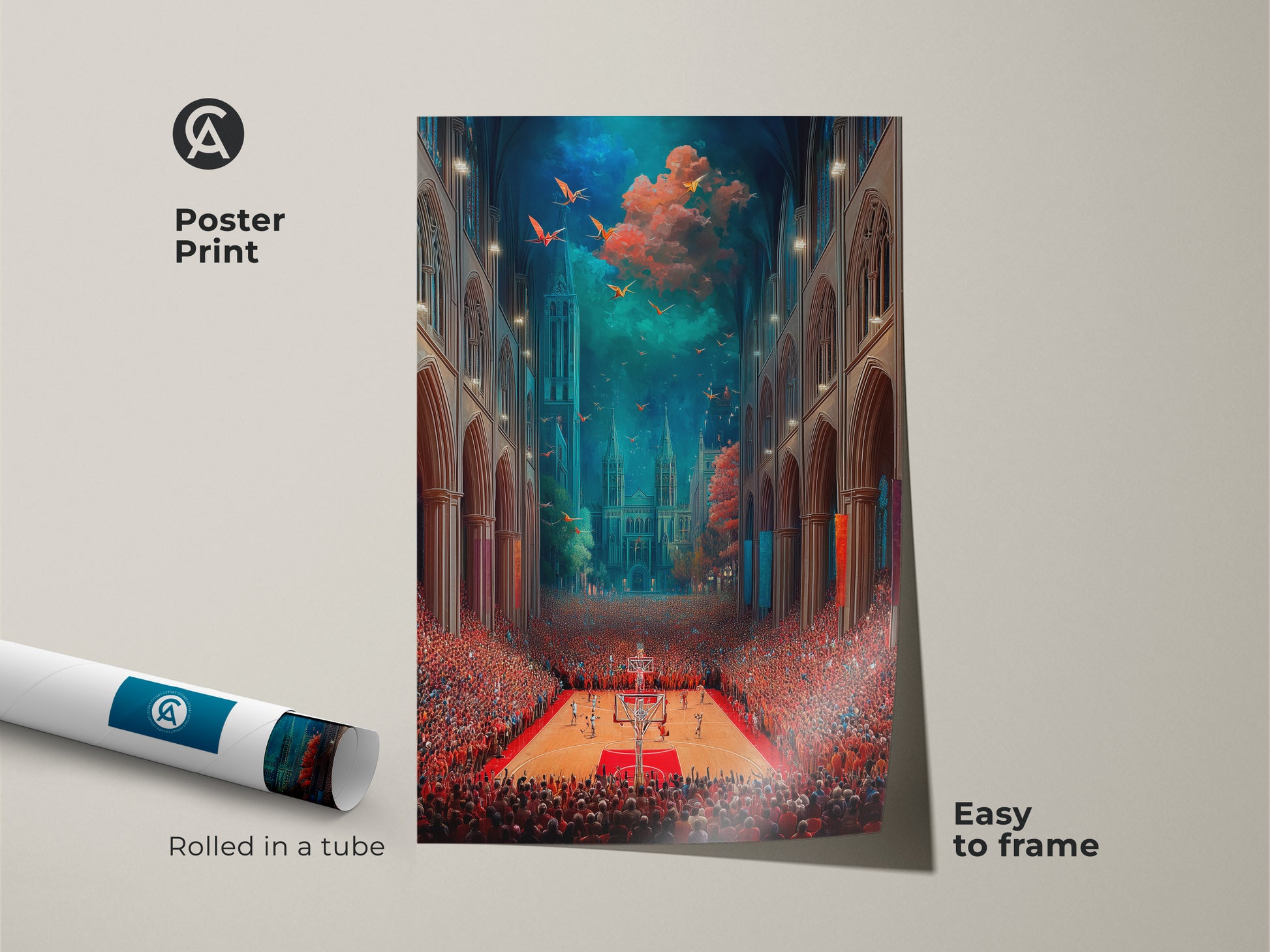 A poster print showcases surreal basketball cathedral artwork. This gothic architecture meets sports theme art piece arrives rolled in a protective tube. Its easy to frame. It’s perfect for adding eclectic fantasy to your walls.