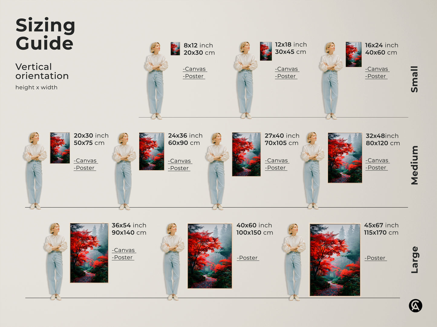 Find the perfect size for your autumn forest canvas or poster print. This sizing guide shows vertical orientation options. Ranging from small to large sizes to fit any space. Transform your walls with stunning nature-inspired artwork.