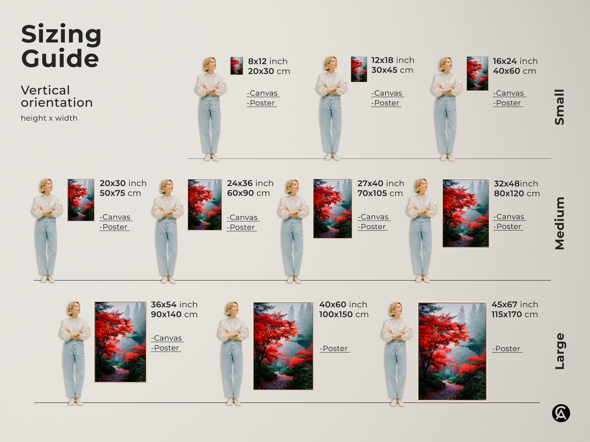 Find the perfect size for your autumn forest canvas or poster print. This sizing guide shows vertical orientation options. Ranging from small to large sizes to fit any space. Transform your walls with stunning nature-inspired artwork.