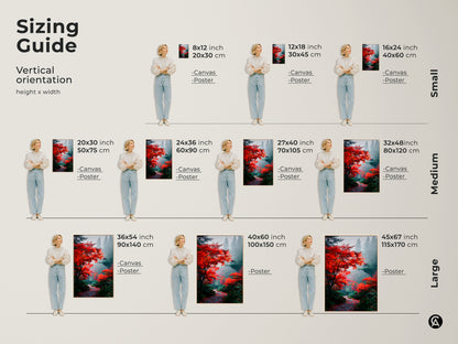 Find the perfect size for your autumn forest canvas or poster print. This sizing guide shows vertical orientation options. Ranging from small to large sizes to fit any space. Transform your walls with stunning nature-inspired artwork.