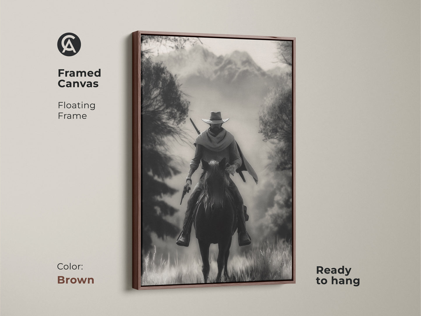 This framed canvas art in brown displays a monochrome cowboy riding a horse. The floating frame enhances this Western landscape artwork. Ready to hang this rustic piece is perfect for a study room or home office. It's a classic adventure themed artwork with black and white tones.