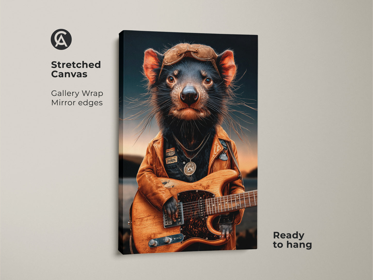 Stretched canvas print of a Tasmanian devil playing guitar. A rockstar animal artwork ready to hang. Mirror edges provide a gallery wrap style. Ideal musician gift for him or unique man cave wall decor.