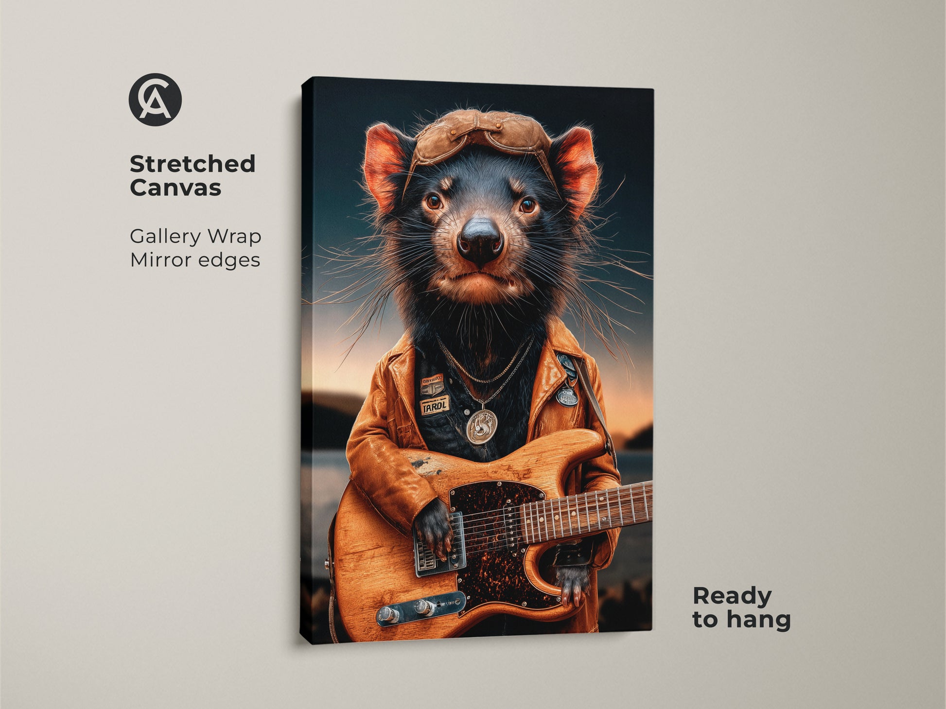 Stretched canvas print of a Tasmanian devil playing guitar. A rockstar animal artwork ready to hang. Mirror edges provide a gallery wrap style. Ideal musician gift for him or unique man cave wall decor.