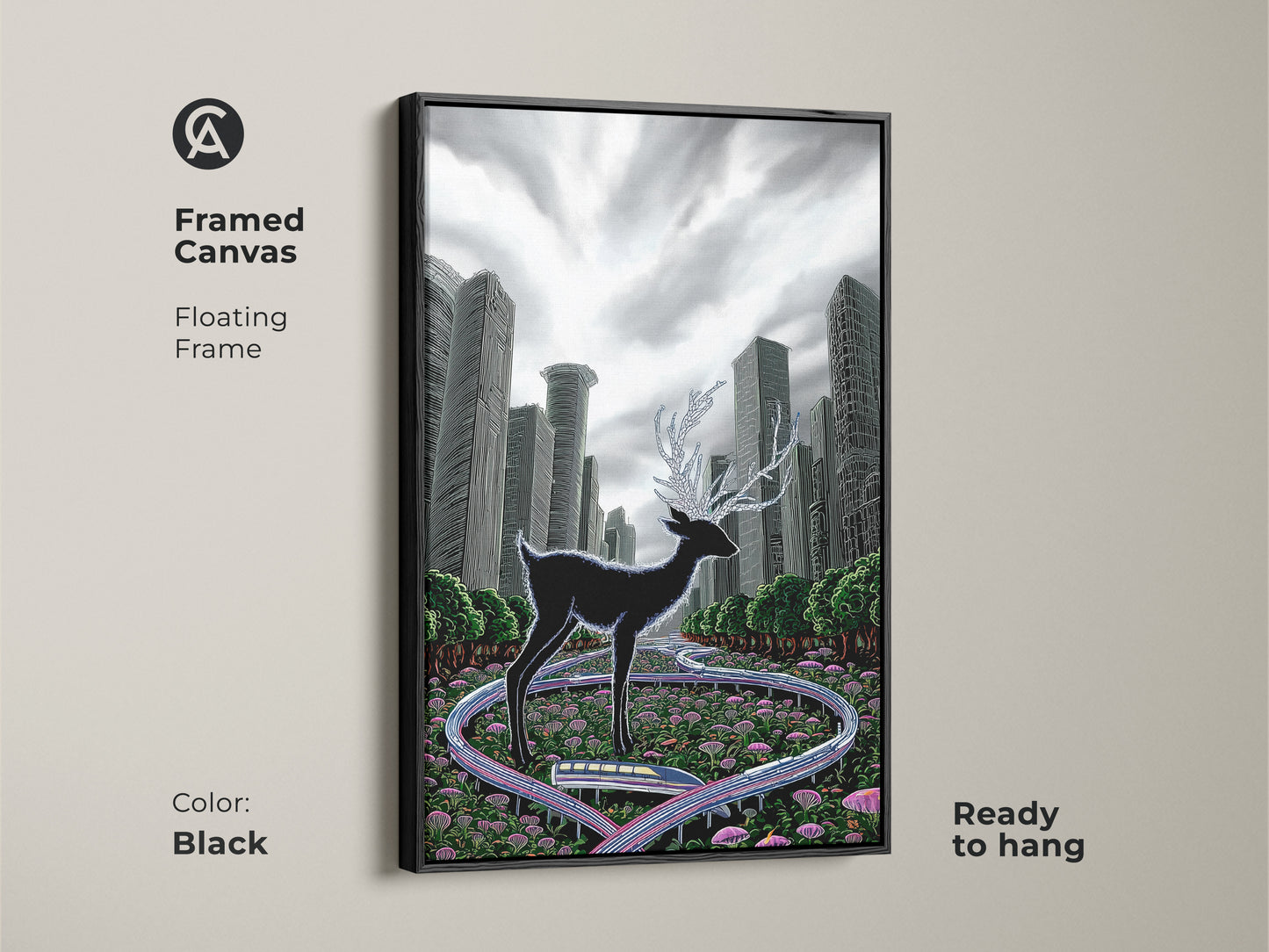 View the framed canvas of surreal deer artwork. This black floating frame showcases the animal in a cityscape. Ready to hang this green grey artwork adds a modern touch. Ideal for office or home. It's a striking housewarming gift for animal lovers.