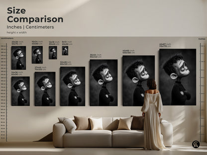 Size comparison of gothic Frankenstein boy prints in inches and centimeters. See how the black and white monster art looks in various sizes. Perfect dark fantasy character print for any wall.
