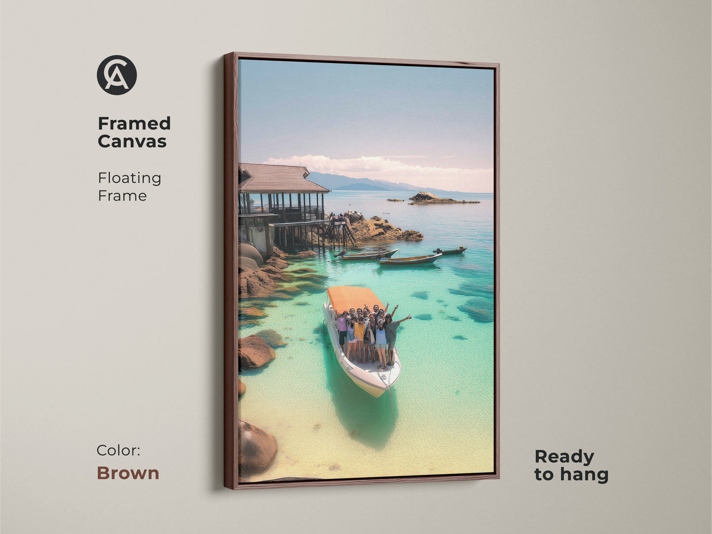 Framed Canvas with Brown Floating Frame. Turquoise Ocean Boat Art Print. Ready to hang. This coastal home decor art features a tropical vacation scene. The photography captures clear water and a boat trip with people.