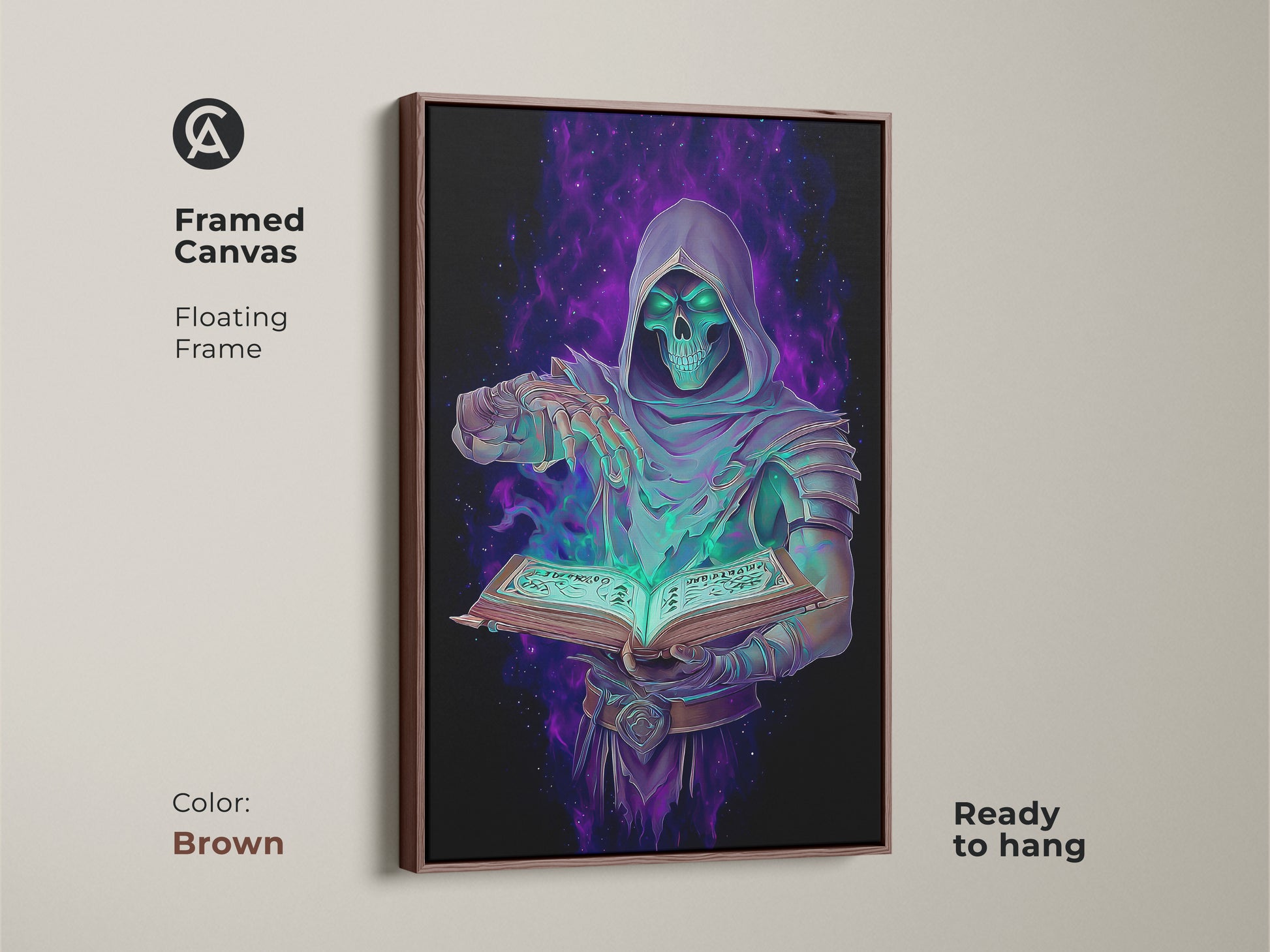 Transform your home with this framed gothic occult artwork. This dark fantasy art features a Grim Reaper with spellbook. The emerald purple digital art makes a unique gift. The hooded sorcerer artwork adds magic to your space.