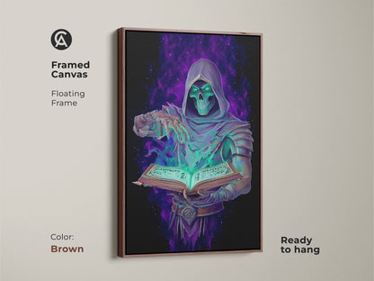 Transform your home with this framed gothic occult artwork. This dark fantasy art features a Grim Reaper with spellbook. The emerald purple digital art makes a unique gift. The hooded sorcerer artwork adds magic to your space.