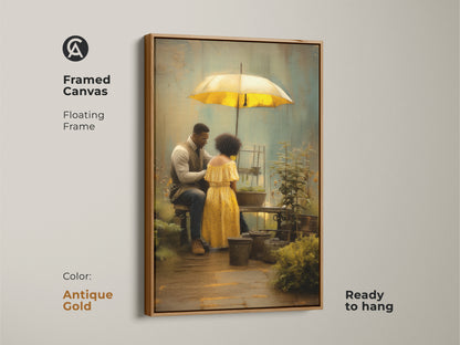 Framed canvas art with an antique gold floating frame featuring a romantic couple gardening under a yellow umbrella. The ready to hang boho style art is a brown green nature scene. This makes a unique anniversary gift for couples. Textured wall decor brings a personal touch to any residential space.