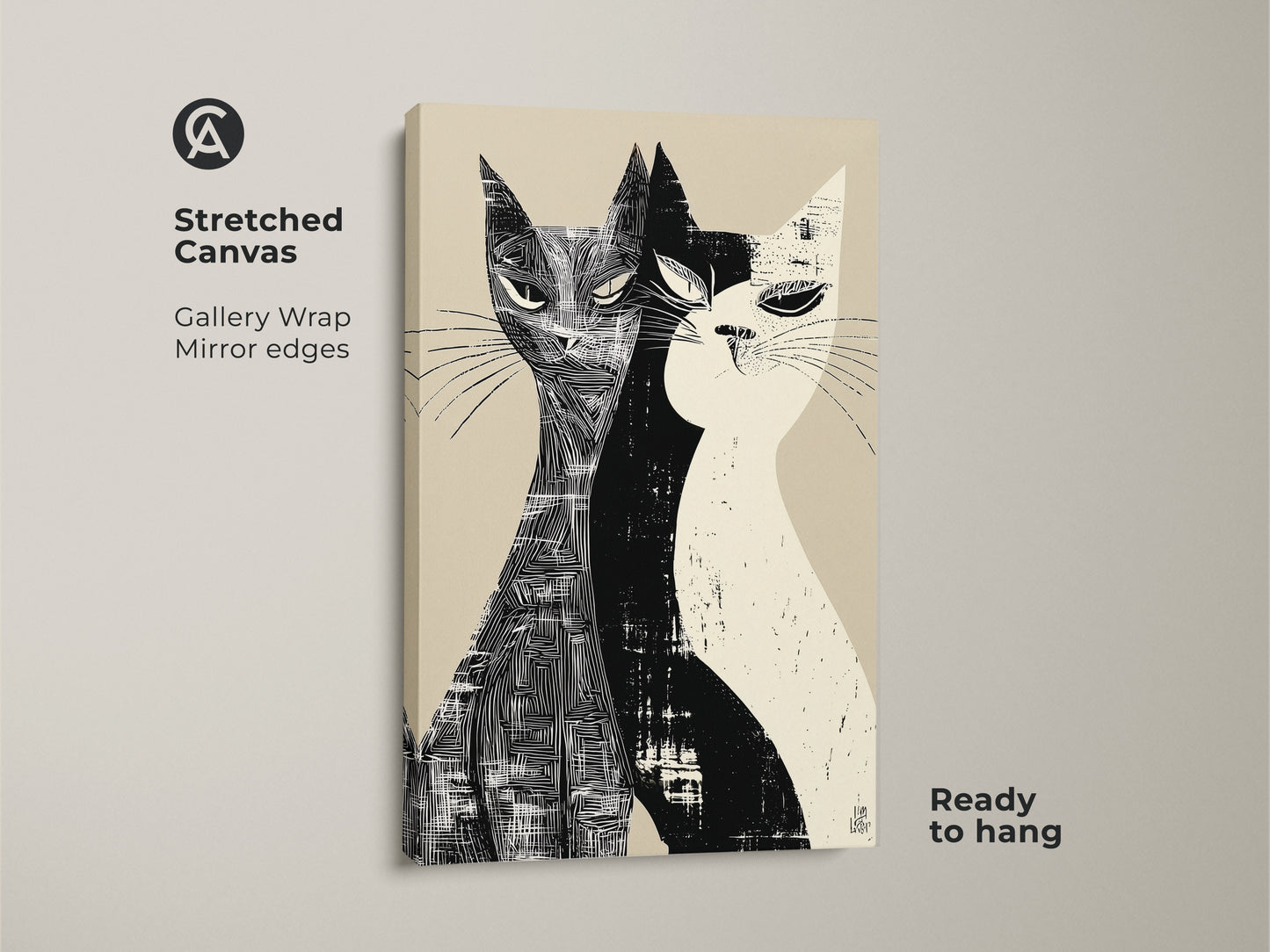 Stretched canvas print of a Mid-Century Modern cat art. This gallery-wrapped artwork features two cats in a black and white linocut style. The minimalist pet lover gift is ready to hang bringing character and style to your walls.