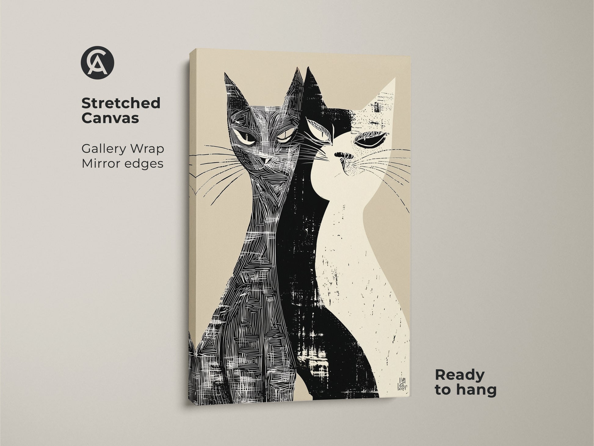 Stretched canvas print of a Mid-Century Modern cat art. This gallery-wrapped artwork features two cats in a black and white linocut style. The minimalist pet lover gift is ready to hang bringing character and style to your walls.
