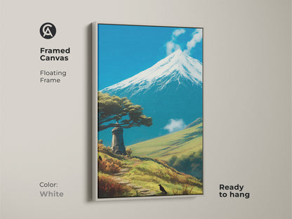 White framed canvas print featuring a mountain and lighthouse. This artwork adds a fresh scenic view. The blue and green landscape creates a calming aesthetic. A great travel gift for any occasion. Perfect for contemporary decor.