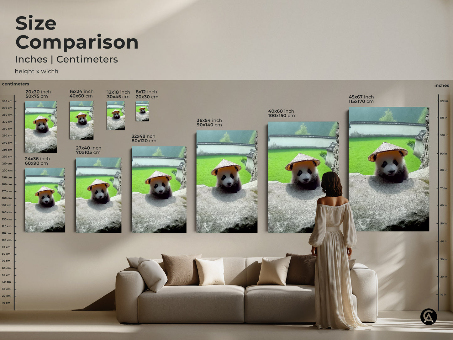 Size Comparison of Panda With Hat Canvas Art. This Baby Panda Wall Art is perfect as cute nursery decor. It is photorealistic animal artwork. An Asian culture inspired art conical hat panda poster.