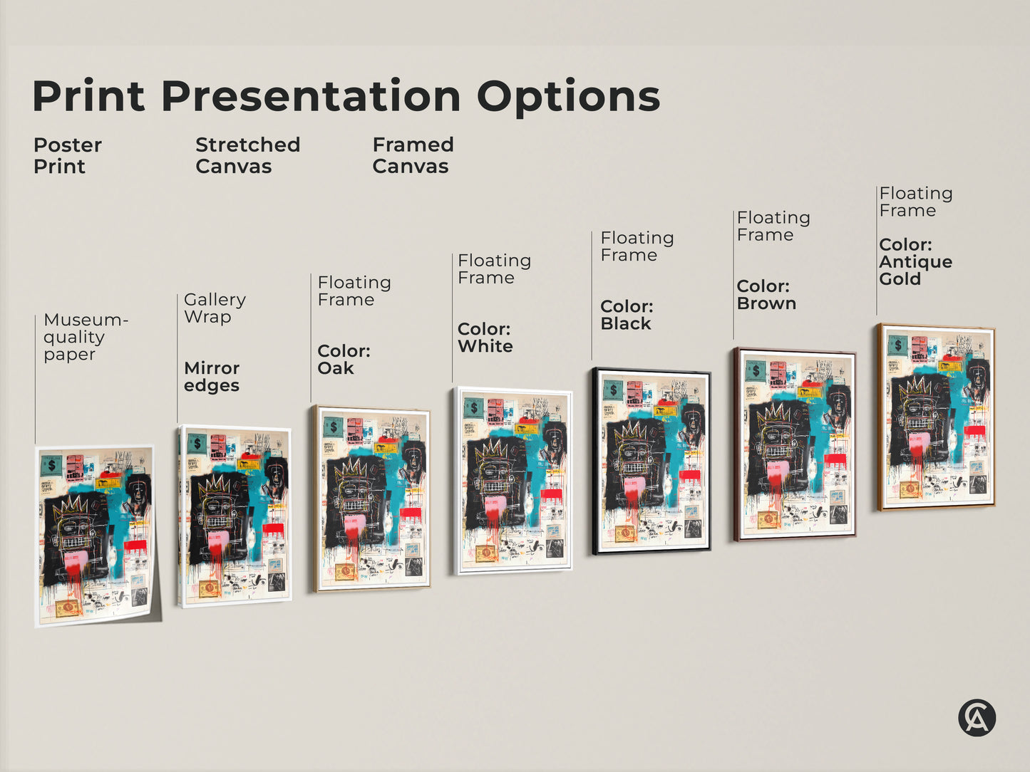 Explore print presentation options for Basquiat's artwork. Choose from poster prints stretched canvas or framed canvas. Available with various floating frame colors. Find the perfect piece to match your style. Shop now and elevate your space.