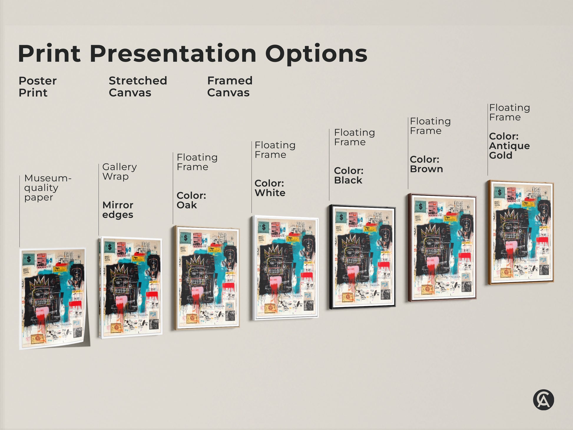 Explore print presentation options for Basquiat's artwork. Choose from poster prints stretched canvas or framed canvas. Available with various floating frame colors. Find the perfect piece to match your style. Shop now and elevate your space.