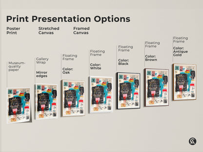 Explore print presentation options for Basquiat's artwork. Choose from poster prints stretched canvas or framed canvas. Available with various floating frame colors. Find the perfect piece to match your style. Shop now and elevate your space.
