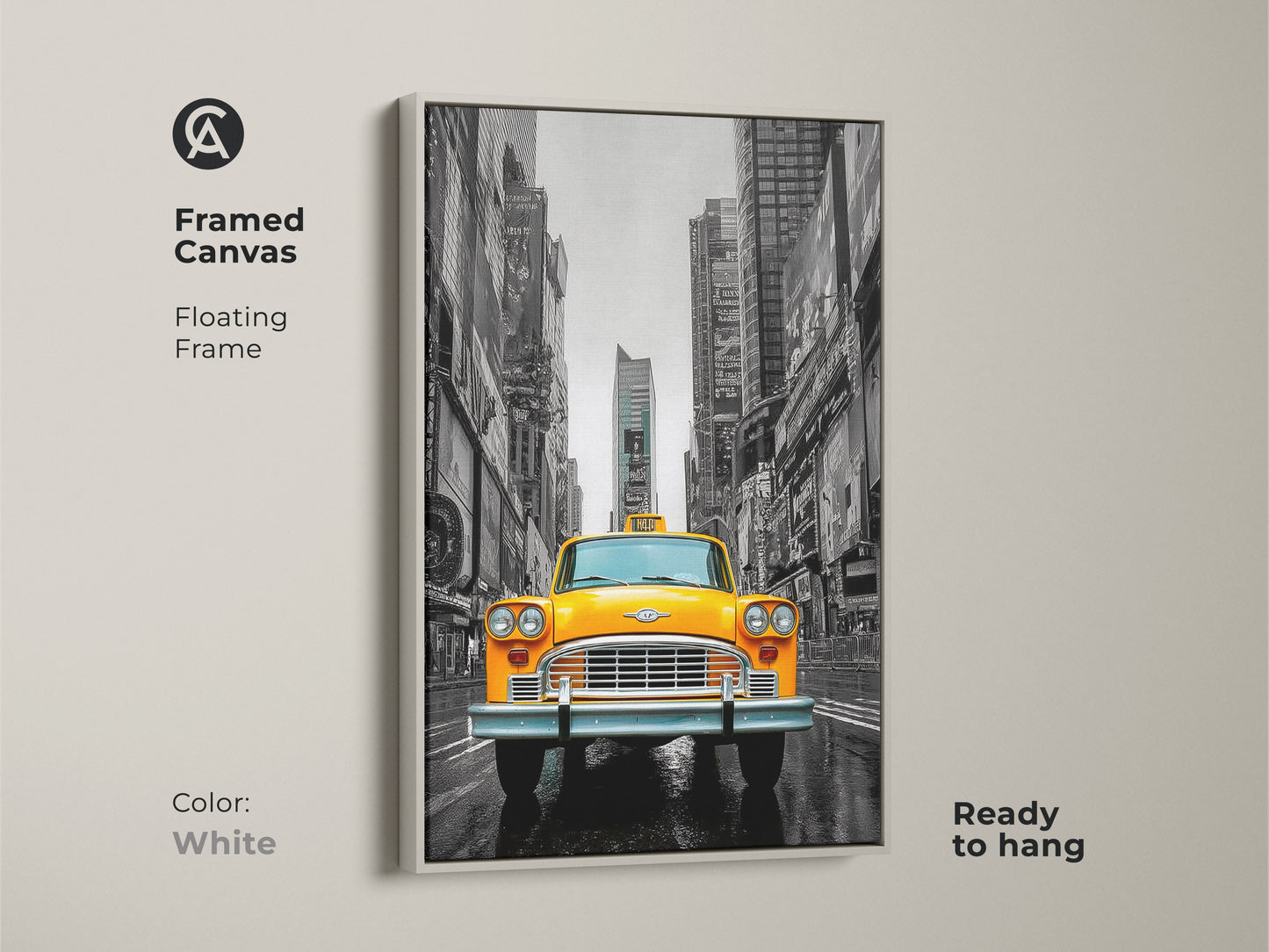 Framed canvas features a striking yellow taxi in NYC Times Square. A white floating frame provides a clean contemporary look. This photographic art is ready to hang. The black and yellow wall art will brighten your space.