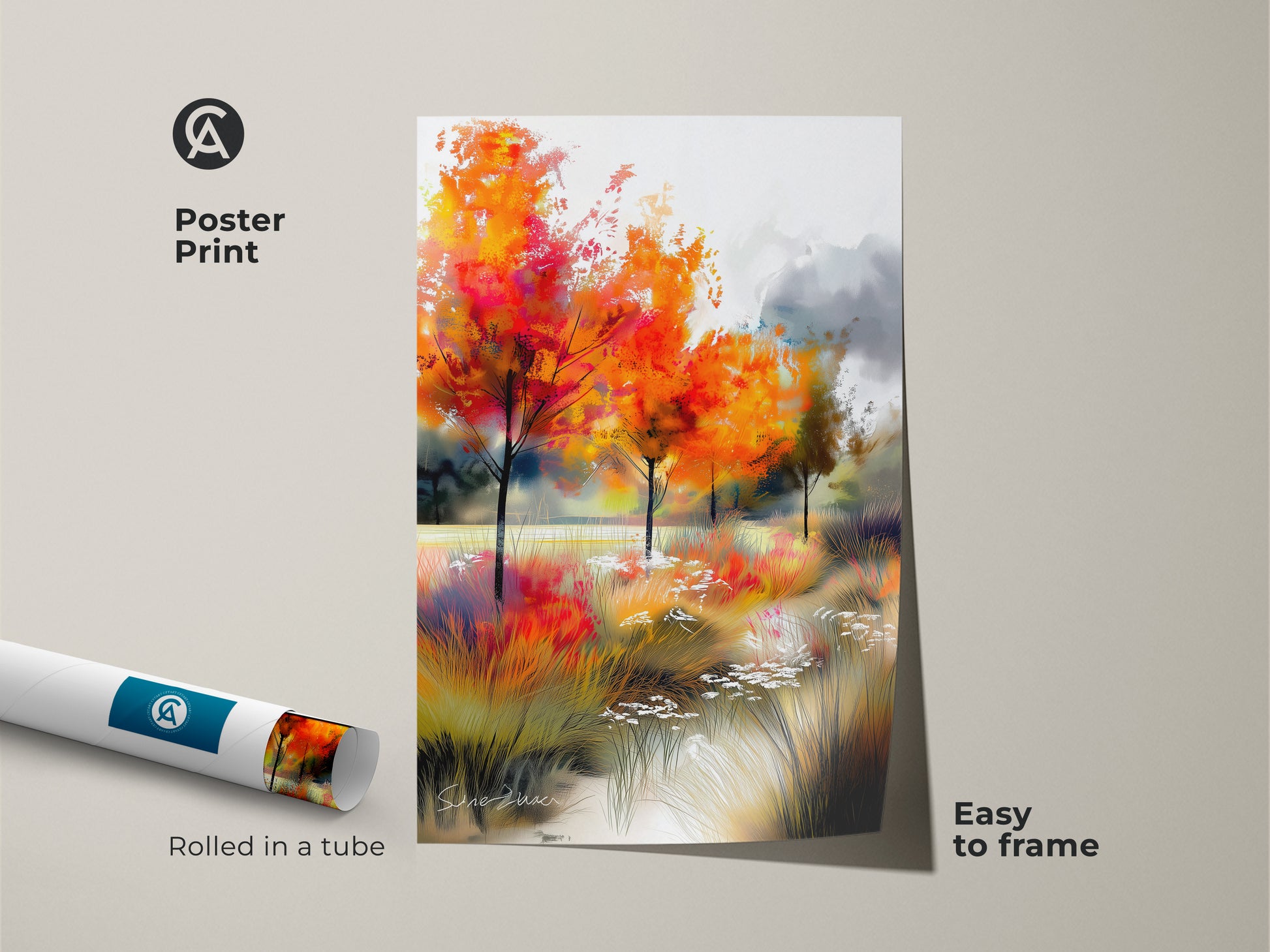 Poster print of a stunning fall landscape art. The artwork features vibrant orange trees and a peaceful stream. Easy to frame this museum-quality paper print captures the beauty of autumn. Rolled in a tube.