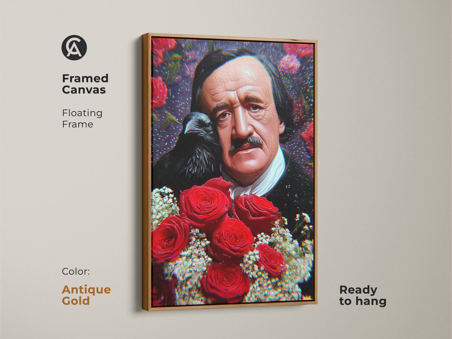 Framed Canvas with an antique gold floating frame. The piece is an Edgar Allan Poe raven and roses literary artwork. A gothic decor piece that's ready to hang and perfect for bookworms.