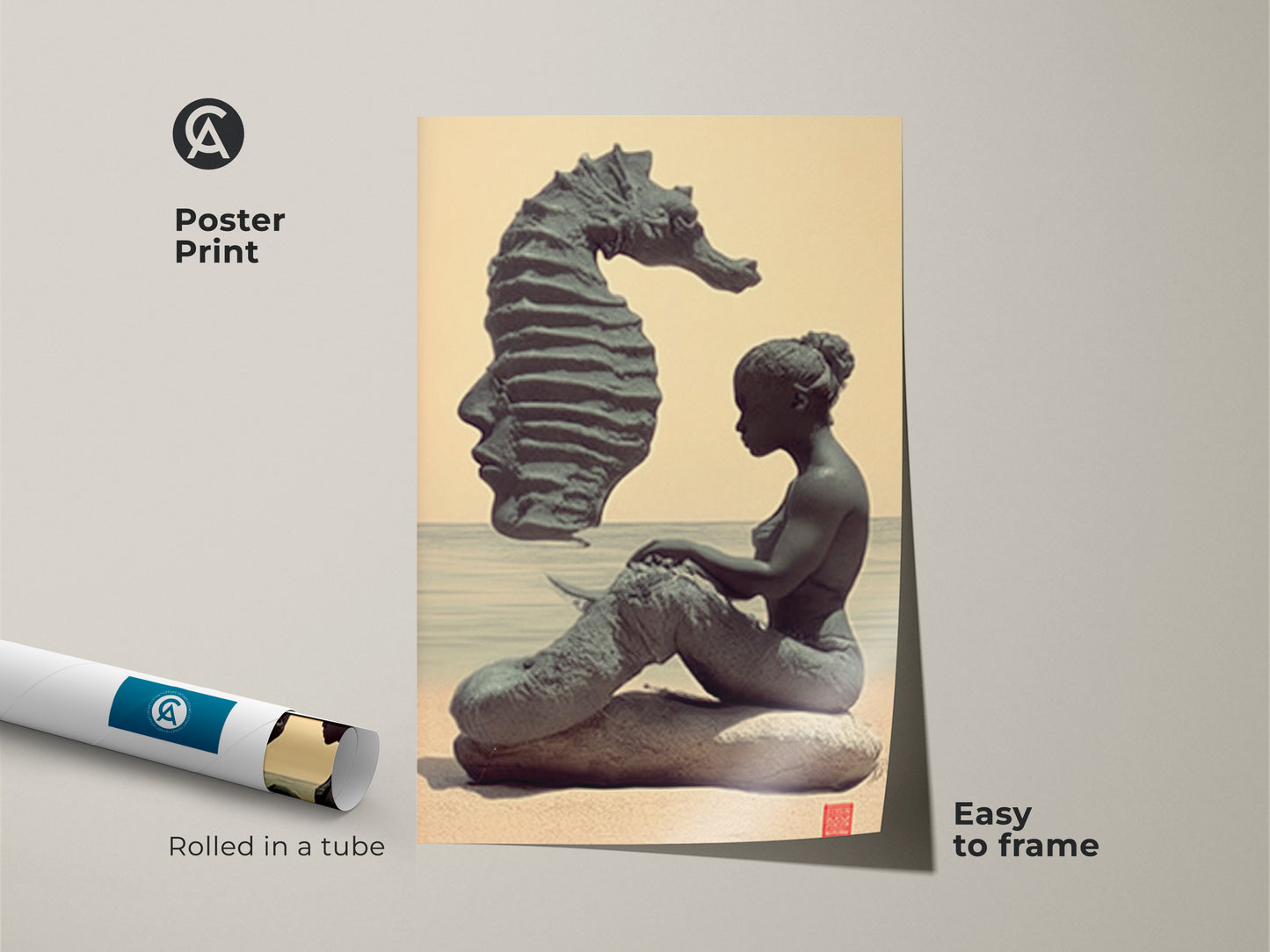 Poster print of a mermaid and seahorse surrealism canvas. Easy to frame this mythology beach print comes rolled in a tube. The teal beige wall decor adds a coastal touch. A unique fantasy gift for any art lover.