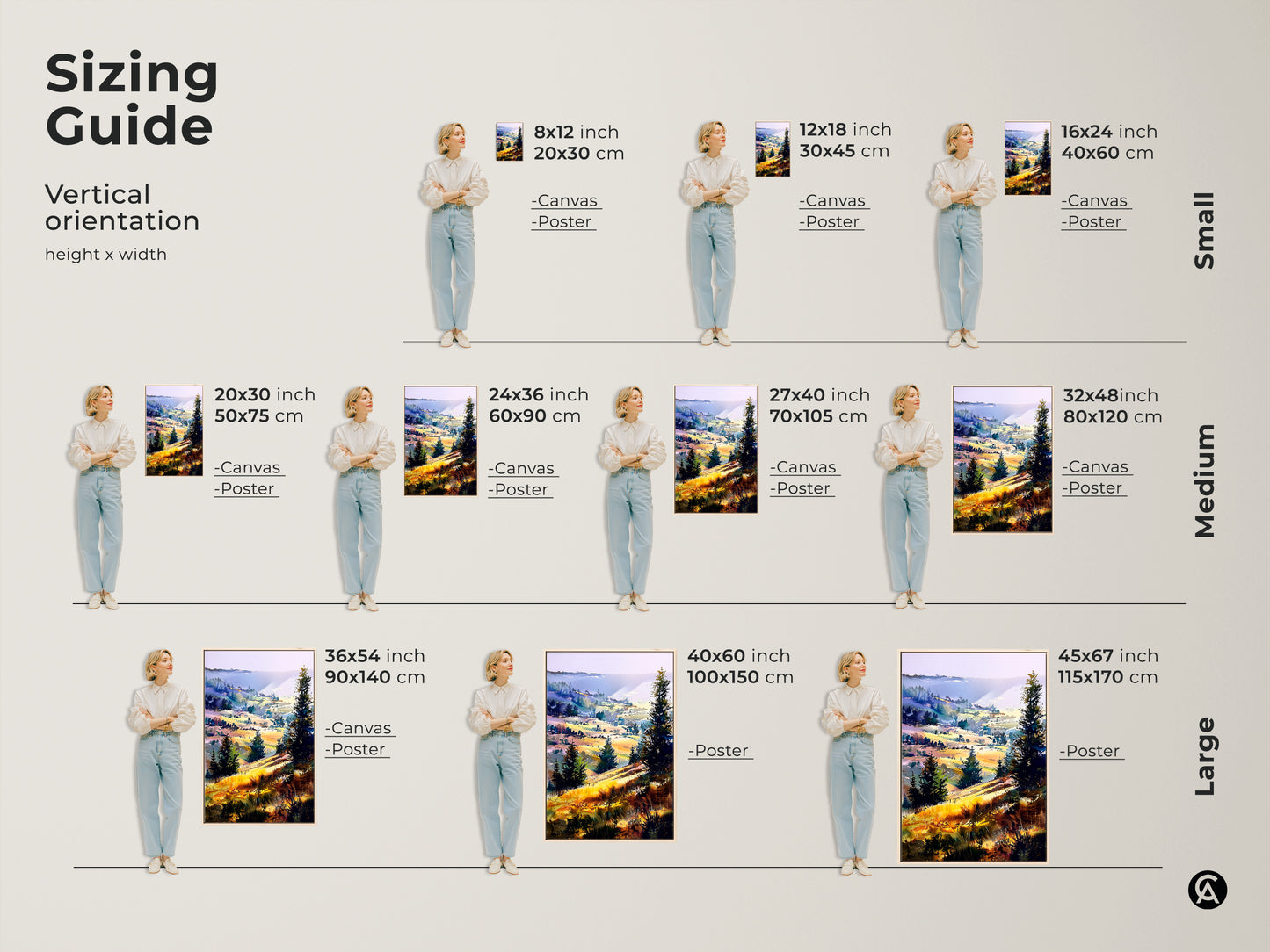 Sizing guide for vertical boho landscape canvas and poster prints. Available in small medium and large sizes. Find the perfect fit for your space with this impressionistic hills and trees artwork.
