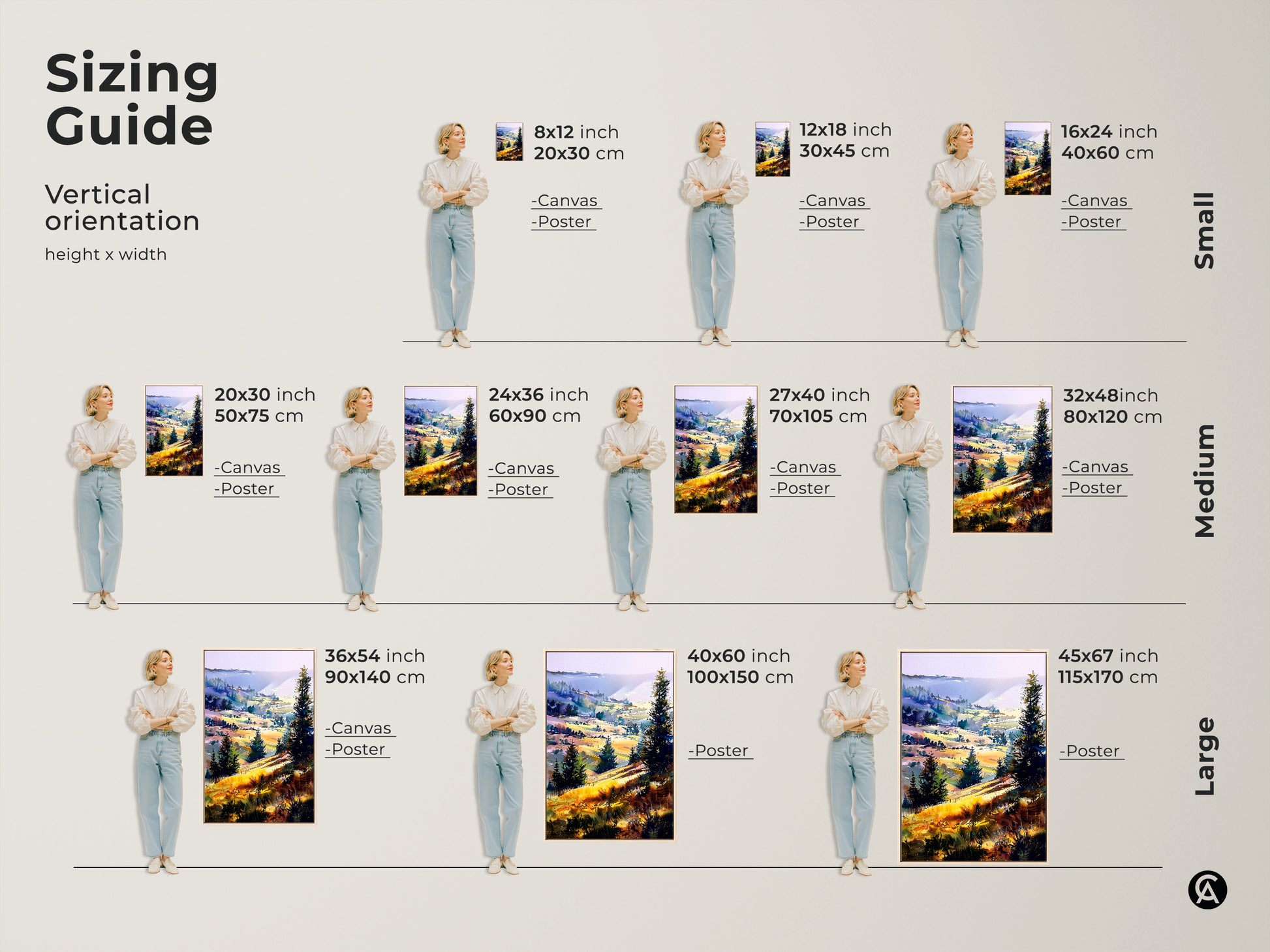 Sizing guide for vertical boho landscape canvas and poster prints. Available in small medium and large sizes. Find the perfect fit for your space with this impressionistic hills and trees artwork.
