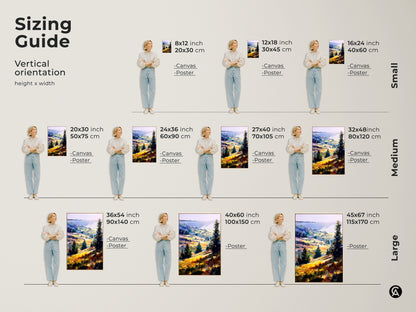 Sizing guide for vertical boho landscape canvas and poster prints. Available in small medium and large sizes. Find the perfect fit for your space with this impressionistic hills and trees artwork.