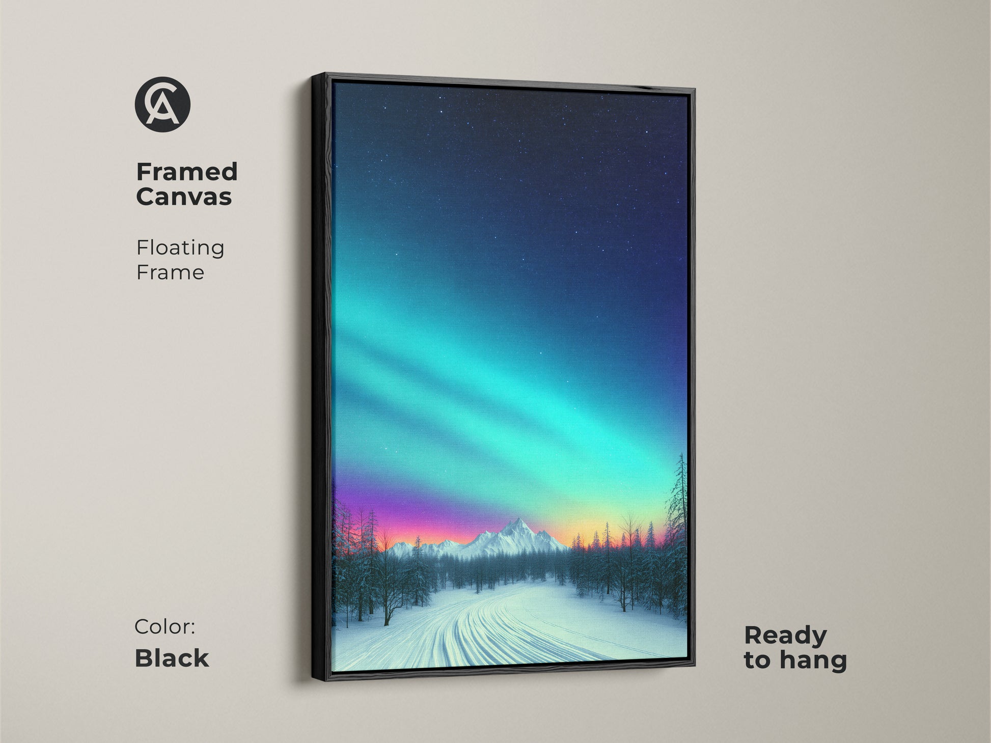 Black framed canvas of Aurora Borealis over a snowy mountain landscape. Floating frame adds a touch of elegance. Ready to hang celestial space artwork. The blue purple gradient art brings winter wonderland indoors.